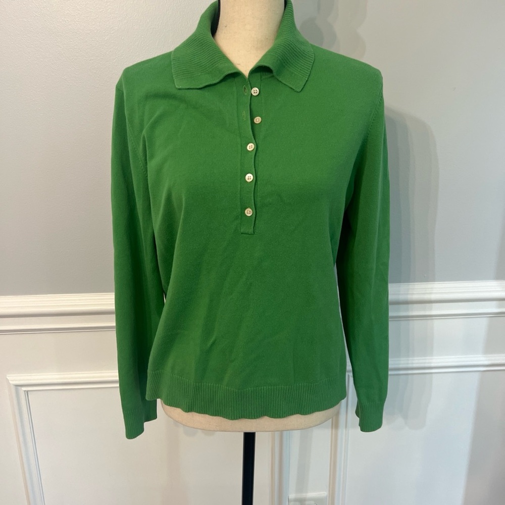 Lands' End Green Half Button Up Cotton Collared Women’s Sweater Size Large